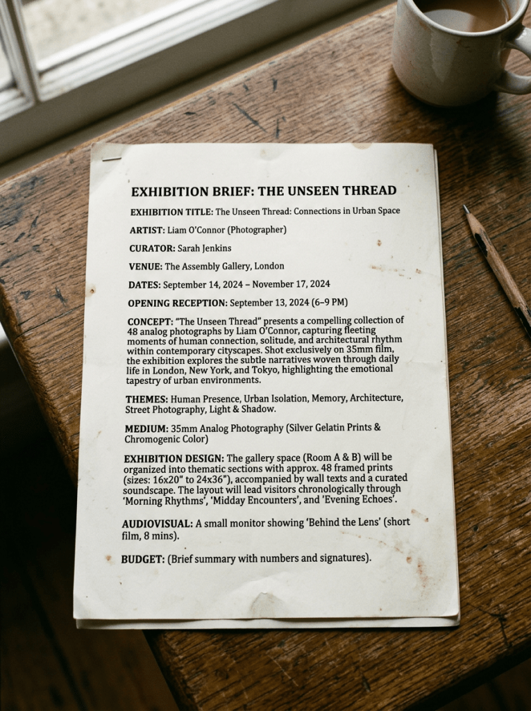 Printed exhibition brief for 'The Unseen Thread' photography show with details on artist, curator, venue, dates, concept, and themes