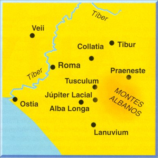 El Lacio. Ciudades entorno a los Montes Albanos, centro religioso latino.